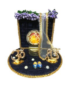 Guruji Darbar Includes Singhasan with Guruji Swaroop Charan Paduka and Gold Plated Butterfly on Teak Wood Base Premium Fabric Color Royal Blue