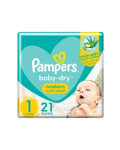 Baby-Dry Newborn Taped Diapers with Aloe Vera Lotion, Leakage Protection, Size 1, 2-5kg, Carry Pack, 21 Count