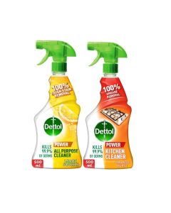Dettol All Purpose Cleaner Spray Bottle, Lemon Scent + Dettol Kitchen Cleaner Spray Bottle, Orange Scent, 500ml x 2 500ml