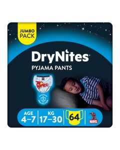 Huggies DryNites Pyjama Pants, 4-7 years, Bed Wetting Diaper, Boys, 17-30 kg, 4 x Jumbo Packs, 64 Pants