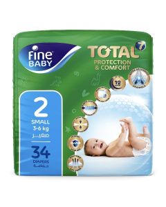 Fine Baby Total 7 Diapers, Size 2 Small (3-8 kg), 34 Count – Soft, Absorbent & Leak Proof Baby Diapers