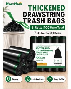 Drawstring Trash Bags, 100 Pieces in 5 Rolls, 45 x 50 cm, Heavy Duty Thickened HDPE Black Garbage Bags, Leak-Resistant Bin Liners