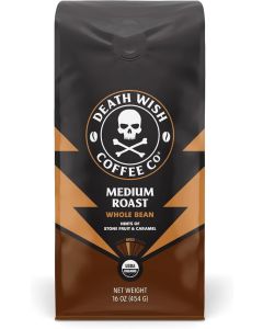 Death Wish Coffee Co. Organic Medium Roast Whole Bean Coffee, 16 oz - Bold Flavor with Hints of Caramel and Stone Fruit