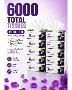 Soft Disposable Paper Tissues 600 x 10 Pack - 6000 Pcs, Flushable, Skin Friendly, Highly Absorbent