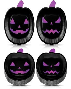 Newtay 100 Pcs Halloween Paper Plates, Pumpkin Shape Party Plates Halloween Party Supplies, Spooky Disposable Tableware Decors for Appetizer, Lunch, Dinner, Dessert (Black Purple)