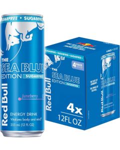 Red Bull Sea Blue Edition Sugar Free Energy Drink, Juneberry Flavor, 12 fl oz, Pack of 4 Cans
