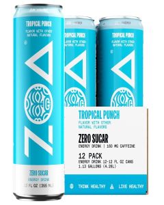 ZOA Zero Sugar Energy Drinks, Tropical Punch - Clean Sugar-Free Formula of Natural Caffeine, Electrolytes, Healthy Vitamin C, Amino Acids and B-Vitamins - 12 Fl Oz (12-Pack)