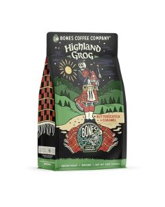 Bones Coffee Company Highland Grog Butterscotch Caramel Flavored Coffee Medium Roast Low Acid Arabica Beans Compatible with Auto drip and French Press Coffee Maker 12 Oz Ground