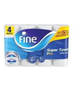 Towel Pro, Highly Absorbent, Sterilized And Half Perforated Kitchen Paper Towel, 3 Ply Pack Of 4 White
