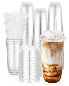 Kesaplan 50 Set 16oz Clear Plastic Cups with Lids & Straws, Disposable Round Bottom To Go Iced Coffee Drinking Cup for Cold Beverage Smoothies Juice Lemonade Slushies Milkshake Party Catering Supplies