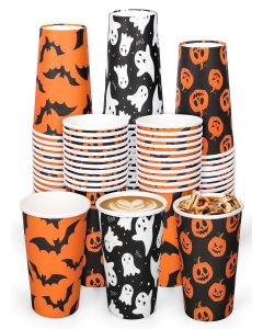 Whaline 120Pcs Halloween Paper Cups Pumpkin Ghost Bats Disposable Cups 3 Designs Black Orange Party Cups for Cold Hot Drink Table Decor Supplies, 9 Oz