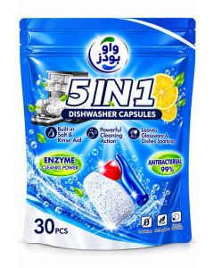 5 in 1 Dishwasher Capsules 30PCS – Enzyme Cleaning Power, Antibacterial 99%, Built-In Salt & Rinse Aid, Powerful Grease Cleaning Action, Sparkling Glassware & Dishes