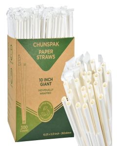 Chunspak 10.25" Disposable Paper Drinking Straws Individually Wrapped, 0.31" Dia. - 4 PLY Thick Heavy Duty Paper - White, 300 ct. (Restaurant Quality)