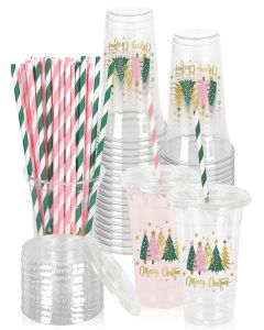 JarThenaAMCS 50Pcs Christmas Plastic Cups with Lids Straws Boho Xmas Tree Drinking Cup 12oz Pink Green Gold Holiday Disposable Cups for Xmas Winter Baby Shower Family Gatherings Decorations Supplies