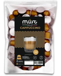 MUST 100 Cappuccino Coffee Capsules, Nespresso Compatible Pods, Coffee & Milk Flavor, Smooth & Creamy Taste, Italian Roasted Coffee, Ideal for Home and Office Use