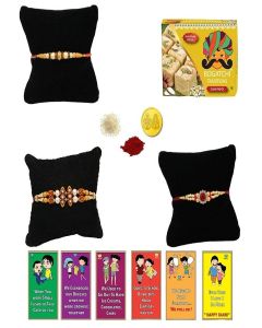 BOGATCHI Cultural Soan Papdi, Set of 3Rakhi, Rakhi with sweets for brother, Rakhi for brother with gift sweets Soan Papdi,200g +Roli Chawal+ Card +Gold Coin/RKSP-3-4