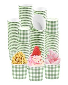 120 Pcs Gingham Paper Cups 12 oz Disposable Green Paper Dessert Snack Bowls Sage Green Gingham Ice Cream Cups Food Yogurt Cup Containers for Hot or Cold Food Soup CandiesBirthday Wedding Bride Shower