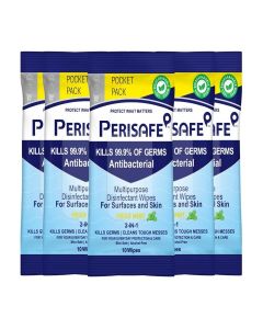 PERISAFE Multipurpose Disinfectant Wipes For Surfaces & Skin /10 Wipes (Pack of 5) / 100% Biodegradable / Antibacterial / 2-IN-1 / Kills Germs & Cleans Tough Messes / Fresh Mint / Pocket Pack