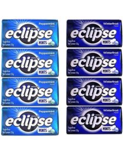 Pack of 8 Eclipse Sugarfree Mint Candy - Breath Freshener - 1.2 oz per Tin - 50 Mints per Tin (4X Peppermint and 4X Winterfrost)