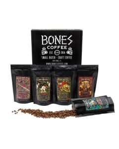 Bones Coffee Company NEW World Tour Sample Pack, Single-Origin Flavored Coffee Medium Roast Arabica Beans Specialty Coffee Gifts Compatible Auto Drip and French Press, 4 oz Pack of 5 Whole Bean