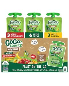 GoGo squeeZ Organic Applesauce and Fruit Puree Variety Pack Apple Strawberry Banana 32 oz Pack of 12 Unsweetened Organic Fruit Snacks for Kids No Gluten Nut Dairy BPA Free Pouches