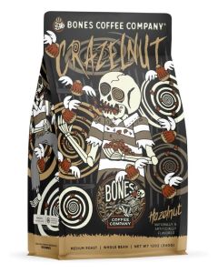 Bones Coffee Company Crazelnut, Hazelnut Flavored Coffee, Medium Roast Low Acid Arabica Beans Compatible with Auto drip and French Press Coffee Maker, 12 Oz Whole Beans