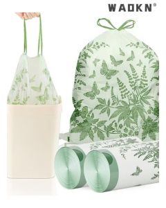 Wormwood Scented Drawstring Garbage Bags,Thickened leak proof portable kitchen mosquito proof drawstring with automatic closure for summer garbage bags 2 Rolls (120 Trash Bags Total),45 x 45 cm, 8 Gallon, Leak-Proof and Tear-Resistant, Extra Thick PE Mate