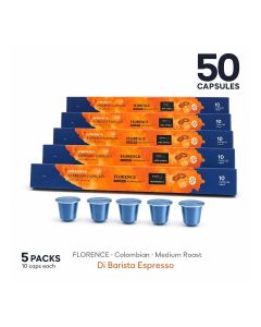 Di Barista Florence Coffee Capsules - Pack of 5 Sleeves – Colombian 100% Arabica Espresso Pods / Nespresso Compatible / Medium Roast / Chocolate & Caramel Notes