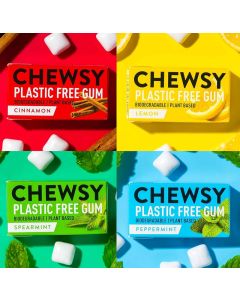 Chewsy Assorted Pack - Natural & Plastic Free Chewing Gum (Spearmint, Peppermint, Lemon, Cinnamon) - Sugar & Aspartame Free