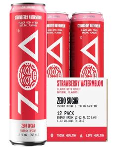 ZOA Zero Sugar Energy Drinks - Healthy Energy Formula with Vitamins, Electrolytes, Antioxidants, 160mg of Natural Caffeine - Strawberry Watermelon, 12 Ounce (Pack of 12)