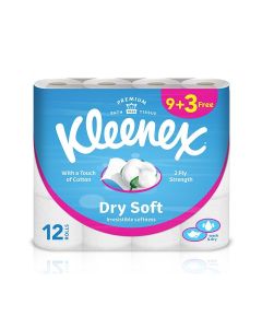 Kleenex Dry Soft Toilet Tissue Paper, 2 PLY, 12 Rolls x 200 Sheets, Embossed Bathroom Tissue with a Touch Of Cotton