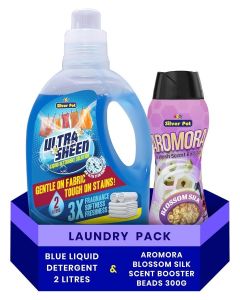 Combo Pack Blue Liquid Laundry Detergent 2L + AROMORA Blossom Silk In-Wash Scent Booster Beads 300g, Deep Clean with Long-Lasting Laundry Fragrance, Suitable for All Washing Machines