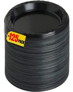 1InTheHome Black Plastic Plates, Plastic Plates Disposable, Plastic Dessert Plates, 6 Inch Diameter, Round, 125 Pack