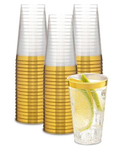 PLASTICPRO Disposable 7 oz Crystal Clear Plastic Tumblers With Gold Rim for Party's & Weddings pack of 50
