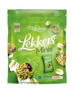 Lekkers Minis Pistachio Chocolate Bites – Premium Pistachio Coated Milk Chocolate with Creamy Filling – Individually Wrapped Mini Chocolates – Resealable Pouch 150g
