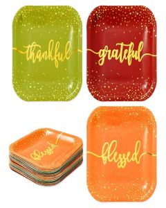 Whaline 30Pcs Fall Thanksgiving Paper Plates Gold Foil Disposable Plates Autumn Red Green Orange Square Dinner Plates for Thanksgiving Party Tableware Supplies, 9 Inch