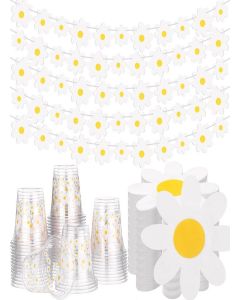 Singhoow 155 Pcs Groovy Daisy Paper Napkins Cups Garlands for Birthday Party Decorations 100 Daisy Flower Napkins 50 Disposable 12oz Plastic Cups 5 Banners for Wedding Baby Shower Summer Table Decor
