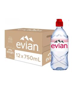 Evian Natural Mineral Water Sport Cap Bottle, 750ml (Pack of 12)