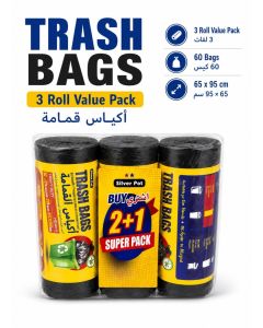 Trash Bags / 60 Count in 3 Rolls / 65 x 95 cm Heavy Duty 30 Gallon Garbage Bags / HDPE Bin Liners for Home and Office