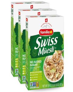 Familia Swiss Muesli Cereal, 0g Added Sugar, Energy-Packed Cereal with Raisins, Hazelnuts and Almonds, 29 Ounce Box (Pack of 3)