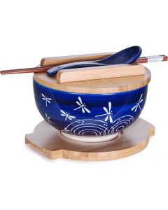 Happy Sales HSKMDGFLY4 Japanese Kamameshi Vintage Style Rice Noodle Ramen Bowl with Bamboo Lid Trivet Chopsticks and Porcelain Spoon Bowl Set Dragonfly