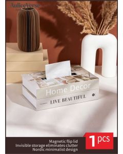 Nordic Style Book-Shaped Tissue Box Warm Beige Home Decor Storage Box Living Room Bedroom Office Décor Magnetic Flip Lid Tissue Holder Desktop Elegant Ornament 26.7×17×8.5cm
