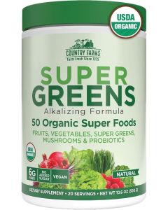 Country Farms Super Greens Natural Flavor, 50 Organic Super Foods, USDA Organic Drink Mix, Fruits, Vegetables, Super Greens, Mushrooms & Probiotics, Supports Energy, 20 Servings, 10.6 Oz