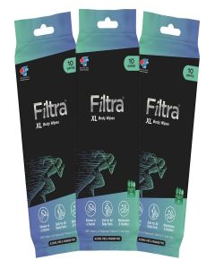 Filtra® XL Body Wipes / Extra Large & Thick Full Body Wipes / Pack of 10 Single Sachets Wipes / Shower in a Sachet / Suited for Gym / Fitness / Sports / Athletes / Cricket / Soccer / Runners / Racket Sports / Travel / Commuter / Trekking / Camping / Festi