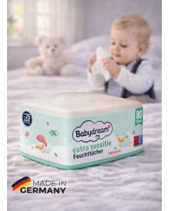 German Brand Wipes , BabyDream Baby Wipes Box, 80 pieces, for sensitive skin, gentle cleaning, without perfume, with Aloe Vera & Allantoin, Wet wipes