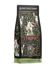 Bones Coffee Company Ethiopia Single-Origin, Citrus, Floral and Berries Notes, Ground Coffee Beans, Low Acid Light Roast Arabica Beans Flavored Coffee, 12 oz Ground