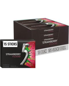 5 Gum Sour Flood Sugar Free Gum - Strawberry Flavor, 10 Packs of 15 Sticks Each