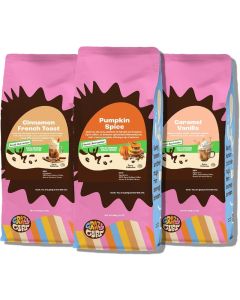 Crazy Cups Decaf Flavored Ground Coffee Variety Pack - Cinnamon French Toast, Caramel Vanilla, and Pumpkin Spice - 10 oz Bags