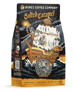 Bones Coffee Company Salted Caramel Flavored Coffee, Medium Roast Low Acid Arabica Beans Compatible with Auto drip and French Press Coffee Maker, 12 Oz Whole Bean