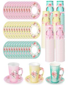 Zopeal 150 Pcs Tea Party Decorations 9 oz Paper Tea Cups and 5 Inch Plates Disposable Cups with Handle Floral Paper Saucers Sets for Birthday Wedding Party Supply